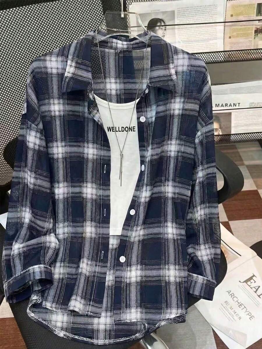 Resyla 大码格子印花纽扣前开襟休闲长袖衬衫 - 藍色 - 查看 1