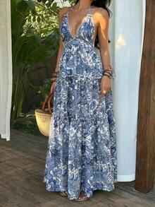 Sunnyshic Vestido casual de moda para mujer, estampado de cachemira bohemio, con lazo en el cuello, volantes en el bajo, para vacaciones, primavera/verano - Azul - Ver 4