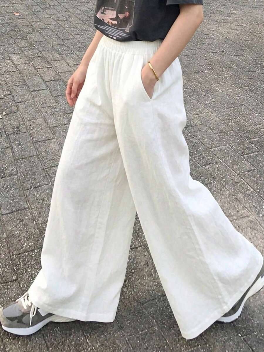 FRIFUL 女士夏季机场/商务纯色弹力腰斜插口袋宽松裤 - 米色 - 查看 1