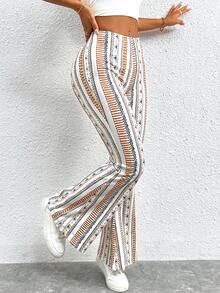 SHEIN PETITE Geometric Printed Flare Bottoms, Summer Boho Pants - Multicolor - View 3