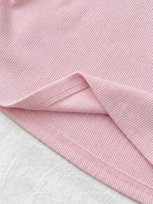 SHEIN Tween Girl/Tween Girls' Colorblock Knit Turtleneck Fitted T-Shirt With Small Logo Embroidery - Pink - View 5