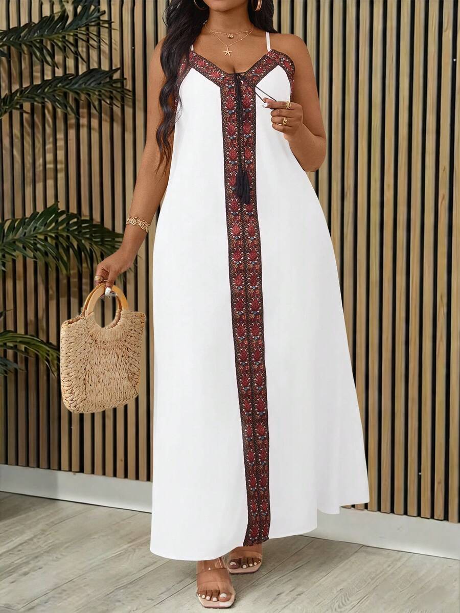 Villa Velisse Plus Size Women Premium Embroidered Strap Maxi Dress,Versatile White Summer Boho Vacation Holiday Long Dress - White - View 1