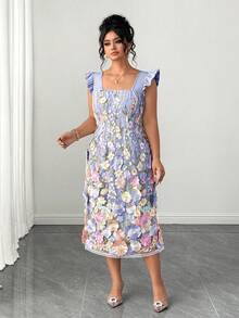 Elenzga Plus Size Elegant Purple Floral Print Square Neck Flare Sleeve Bodycon Dress,Summer Wedding Waist Design With Slit,Versatile Party Dress - Purple - View 4