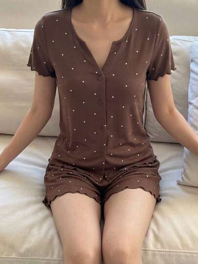 Livesso 女士夏季波点图案开衫短袖上衣和短裤两件套睡衣套装