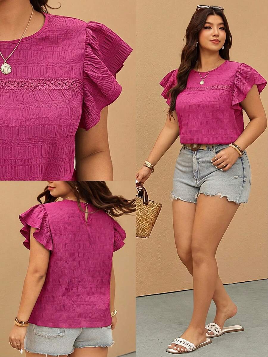 Elaquor Plus Size Casual Solid Color Flutter Sleeve Blouse - Hot Pink - View 1