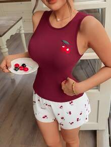 Napfluff 甜樱桃刺绣酒红色吊带家居服套装 - 紅色 - 查看 5
