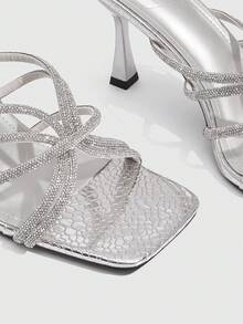 CUCCOO SZL Women Shoes Summer Rhinestone Cross Strap Snake Pattern Square Toe, Luxury Glossy Silver Party Dinner - Silver - View 5