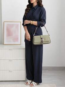 Solavon Waisted, Wrap-Around, Korean Style Vintage-Inspired Two Pieces Set, Versatile For Commuting & Daily Wear,Work Outfits For Women - Navy Blue - View 3