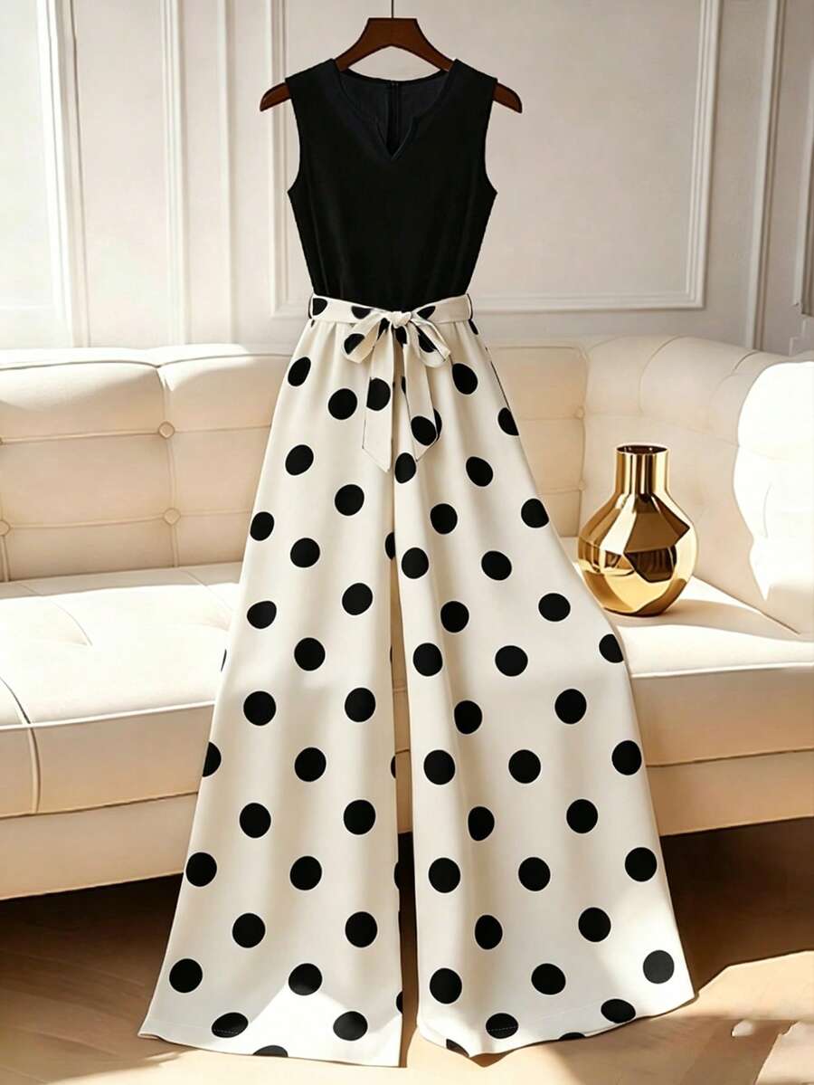 SHEIN Franclia Women's Elegant Polka Dot Print Sleeveless Jumpsuit, Suitable For Summer Daily Wear - Apricot - View 1
