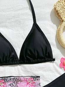 SHEIN 3pcs/Set Teen GirlSolid Color Comfortable Knit Fabric Leopard Floral Mesh Triangle Bikini Swimwear Set, Suitable For Beach, Pool, Seaside - Black - View 3