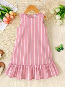 SHEIN Gaun Anak Perempuan Kasual Liburan Fashion Tenun Garis-garis Hijau Leher Bulat Tanpa Lengan Model A-Line dengan Detail Kerut - Berwarna merah muda - View 3