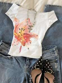 INAWLY 女士休闲印花露肩上衣，夏季 - 白色 - 查看 4