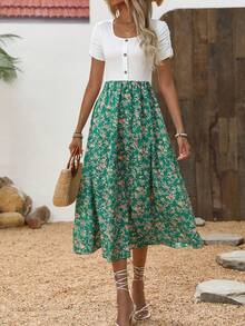 SHEIN Holidaya Women's Floral Patchwork Short Sleeve Midi Dress, Summer Maxi Women Outfit - Green - View 4