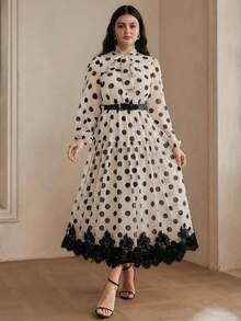 Anewsta Plus Size High-Quality Vintage Sweet Polka Dot Dress, Tie Waist Ruffle Hem Lace Trim Slimming Midi Dress, Suitable For Work And Dates, Spring To Summer - Black and White - View 6
