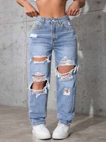 SHEIN CURVE+ Plus Size Women's Non-Stretch Casual Distressed Straight Leg Denim Jeans, Cowboy Outfits For Women - Light Wash - View 3