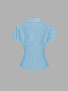 Sweetra Blusa elegante de mujer con cuello en V y abotonadura sencilla, de manga corta y con rayas blancas, para primavera/verano - Azul - Ver 2