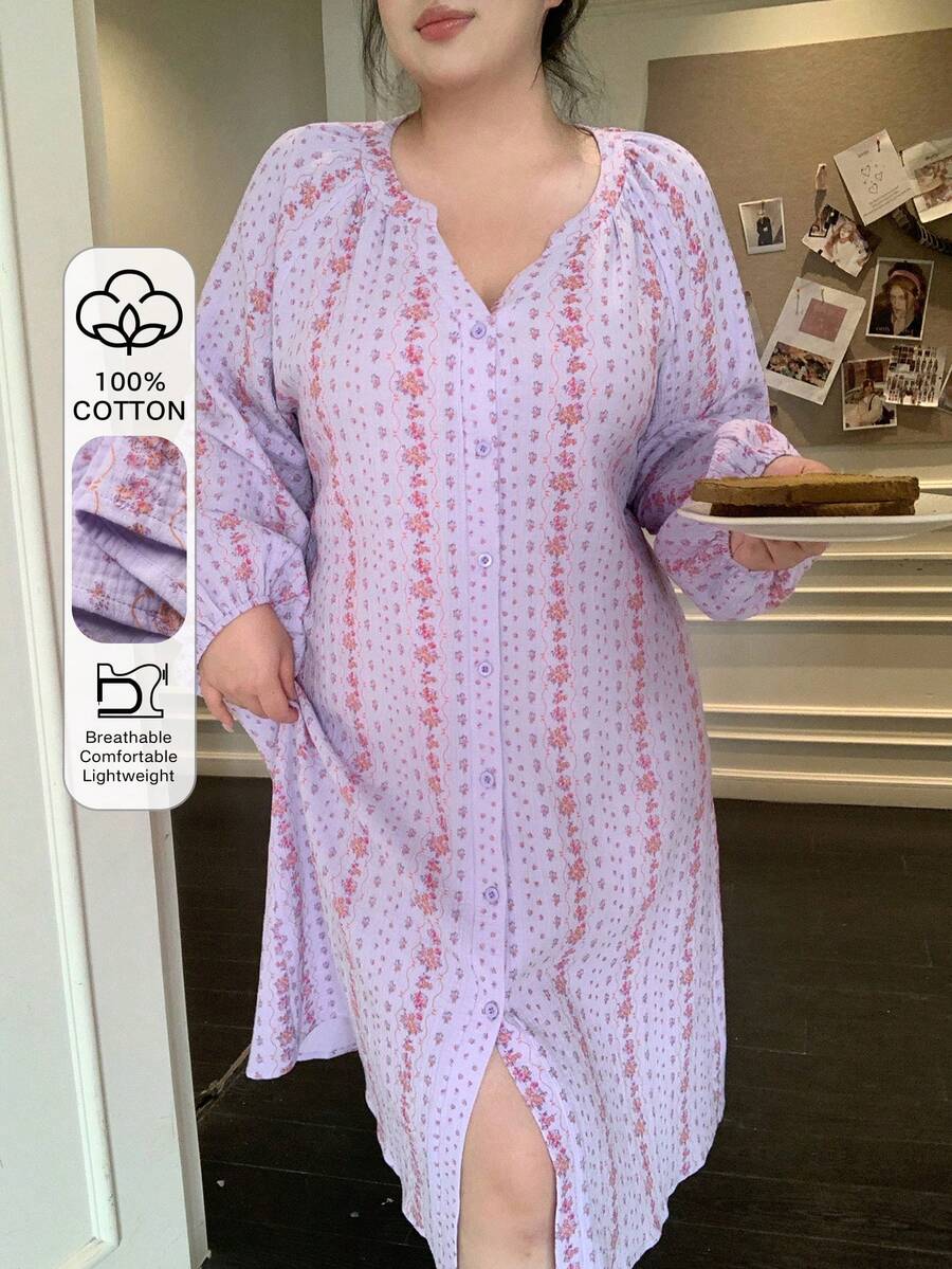 Dazy Plus Camisón midi de manga farol con estampado floral para mujer de talla grande, de tejido cómodo de crepé, estilo vacacional, para primavera/verano - Morado - Ver 1