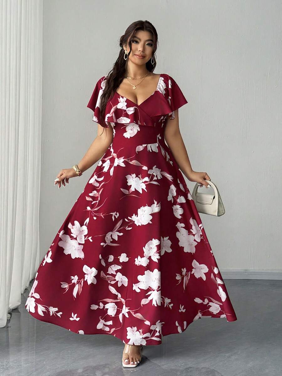 SHEIN Elenzya Plus Size Red Floral Print Beach Vacation Waist Cinched Short Sleeve Dress For Women - Red - View 1