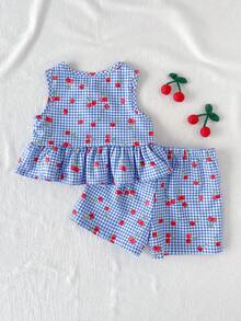 Cozy Pixies 女宝宝可爱夏季度假蓝白格子樱桃图案蝴蝶结无袖上衣和松紧腰短裤套装 - 藍色 - 查看 2