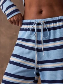 SHEIN BAE 女士休闲通勤撞色条纹裤 - 藍色 - 查看 6