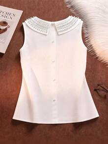 Áo tank top không tay cổ tròn đính hạt cườm, chất liệu vải dệt kim co giãn, cỡ lớn, thanh lịch cho các buổi đi chơi, đi làm, hẹn hò và tụ họp. - trắng - Xem 2