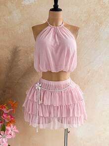 Soleia Women's Sexy Backless Tie-Front Cropped Top And Multi-Layer Ruffle Hem Mini Skirt 2-Piece Set, Suitable For Beach Vacation - Pink - View 4