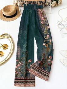 SHEIN LUNE Floral Green Pattern Vintage Waist Tie Trousers, Suitable For Women's Summer Vacation, Party, Fall, Wedding, Graduation Travel, Gift For Mom, Boho Style - Dark Green - View 4