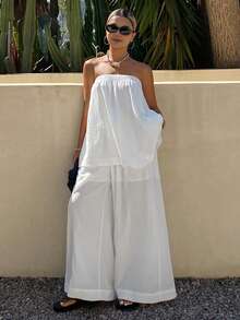 Livesso 春夏商务休闲白衬衫、吊带背心和阔腿裤两件套，宽松休闲度假海滩优雅办公女装 - 白色 - 查看 6