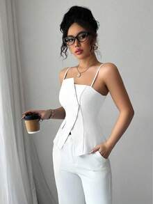 Elenzga 2025 New Blue Asymmetric Design Fashionable Versatile Commuting Casual Cinched Waist Camisole - White - View 5