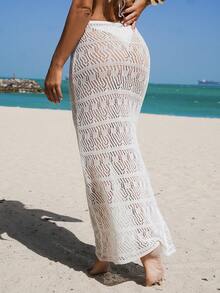 Swim Vcay Eleganter sexy weißer Strick-Cover-Up-Rock mit Bindung für Damen, Sommerstrandurlaub - Weiss - Übersicht 2
