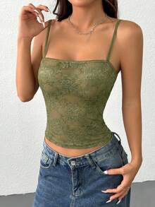 SHEIN EZwear 女士休闲蕾丝吊带背心，军绿色，夏季 - 軍綠色 - 查看 4