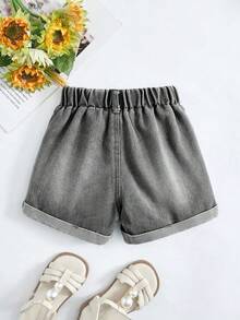 SHEIN Playful Pals 女童牛仔短裤，夏季新品，中度水洗灰，甜美休闲度假时尚街头风，百搭简约，全松紧腰带，卷边宽松牛仔短裤，柔软舒适棉质牛仔面料，无弹力，适合日常外出、聚会、上学通勤，2026春夏新款 - 淺灰色 - 查看 2