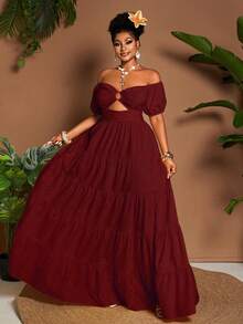 Maweii Vestido mini de talla grande para mujer con hombros descubiertos, mangas de pétalos y unicolor para vacaciones - Burdeos - Ver 6