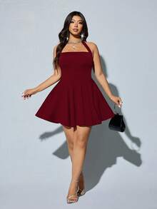 Viva Relle Plus Size Elegant Backless Halter Neck Ruffle Hem Dress, Summer - Burgundy - View 3