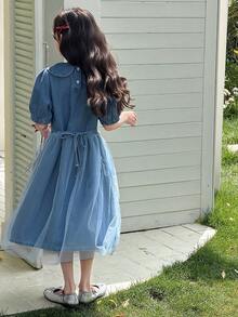 Dazy Kids 少女牛仔撞色网纱领蛋糕裙 - 藍色 - 查看 2