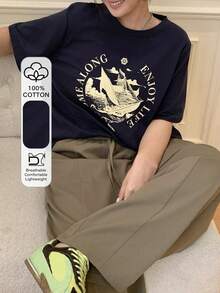 Dazy Plus 印花圆领修身短袖街头风休闲百搭T恤，大码女款，春夏款 - 藏蓝色 - 查看 1