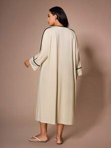 SHEIN Set de 2 piezas Bata de manga larga con diseño de tirantes de contraste + Camisón de talla grande - Albaricoque - Ver 2