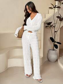 SHEIN PETITE 女士优雅低腰薄纱雪纺纹理宽松阔腿长裙，适合海滩度假 - 白色 - 查看 4