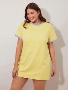 SHEIN BASICS Đầm mùa hè dáng rộng, cổ tròn, tay ngắn, phối màu, cỡ lớn, kiểu dáng thường ngày. - Vàng nhạt - Xem 5