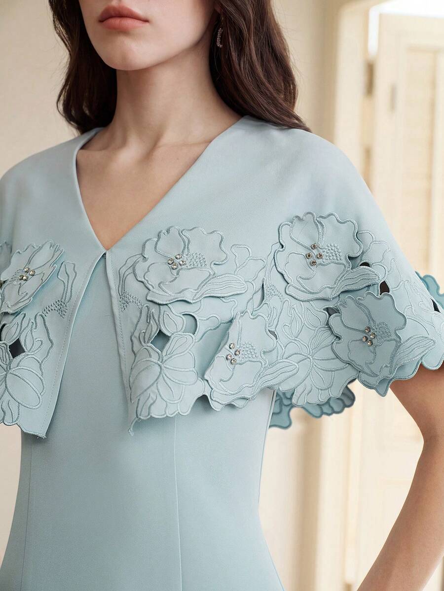 Anewsta Vestido midi bordado, vestido elegante de mujer, nuevo estilo de vestido midi con cuello de chal - Celeste - Ver 1