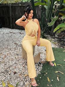 SHEIN SXY 夏季修身纹理流苏纯色露背吊带连体裤 - 黃色 - 查看 4