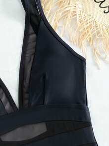 SHEIN Swim Bañador una pieza simple de malla en contraste - Negro - Ver 11