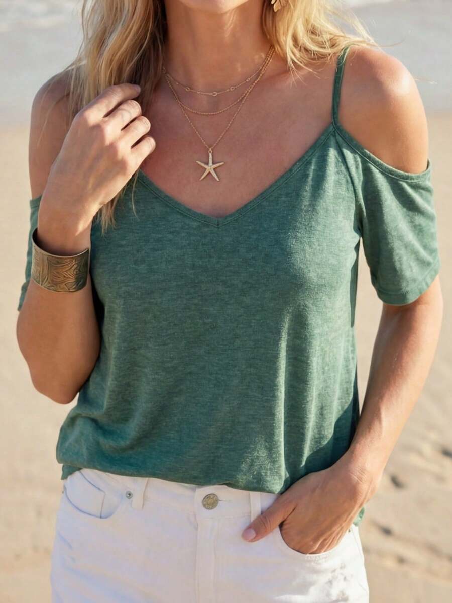 SHEIN LUNE Solid Cold Shoulder Tee - Green - View 1