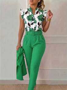 Xyvia Women's Printed Cap Sleeve Top And Solid Color Pants 2 Pieces Set (Belt Is Decorative) - Green - View 3