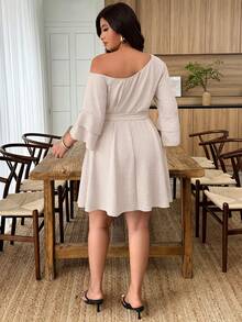 Weeklong Blue Asymmetrical Shoulder Ruffle Sleeve A-Line Casual Dress - Apricot - View 2
