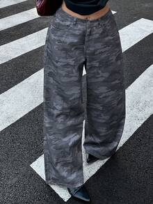 Dazy Plus Plus Size Women Camouflage Print Street Style Long Jeans, All Season Summer - Navy Blue - View 9