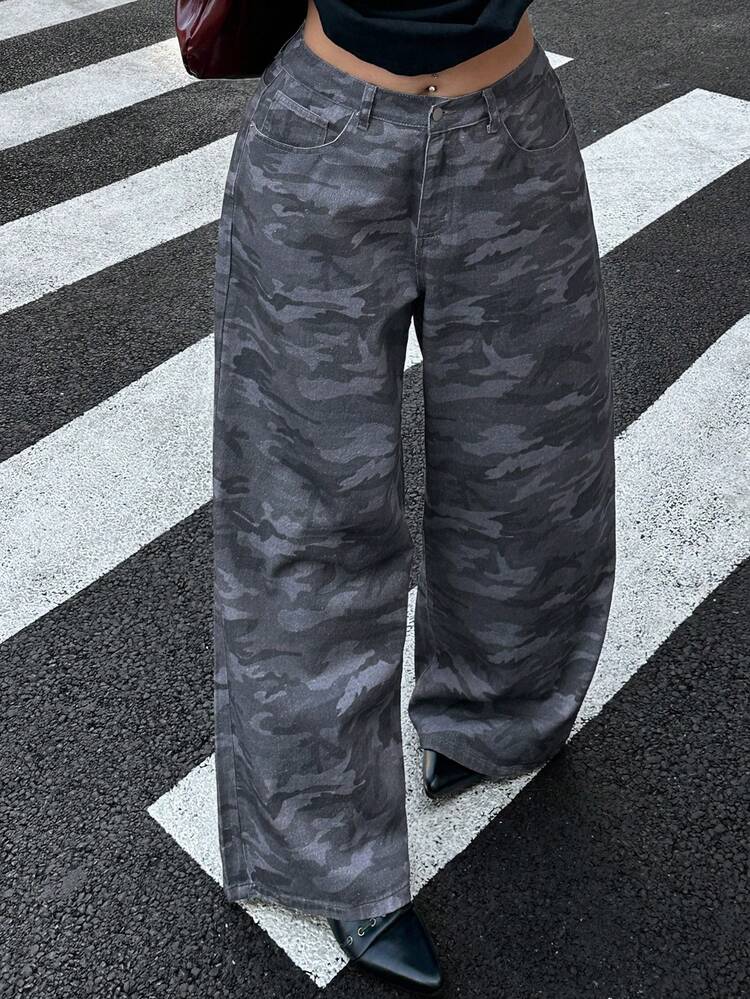 Dazy Plus Plus Size Women Camouflage Print Street Style Long Jeans, All Season Summer
