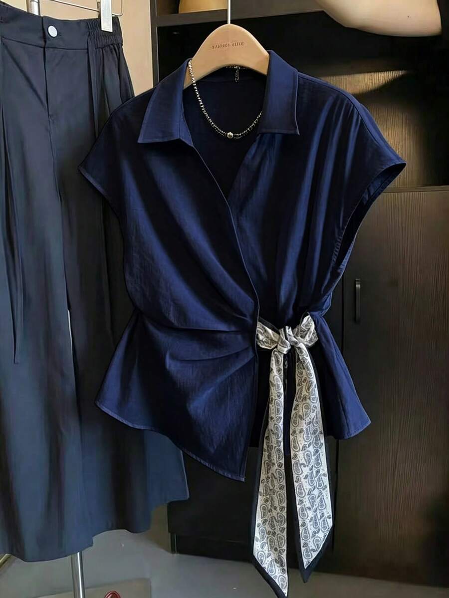 SHEIN Franclia 女士时尚优雅不对称下摆蝴蝶结衬衫 - 藏蓝色 - 查看 1