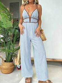 SHEIN Holidaya Bộ jumpsuit nữ thanh lịch và gợi cảm phong cách boho kẻ sọc cổ yếm ống rộng viền tương phản, trang phục mùa hè cho nữ, áo kiểu thường ngày cho nữ, áo đi nghỉ mát. - Màu xanh lam - Xem 4