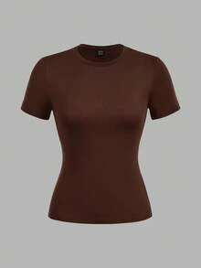 SHEIN EZwear 休閒簡約 2件組 基本款棕色 & 白色圓領短袖內搭上衣 春夏適用 - 彩色 - 查看 5
